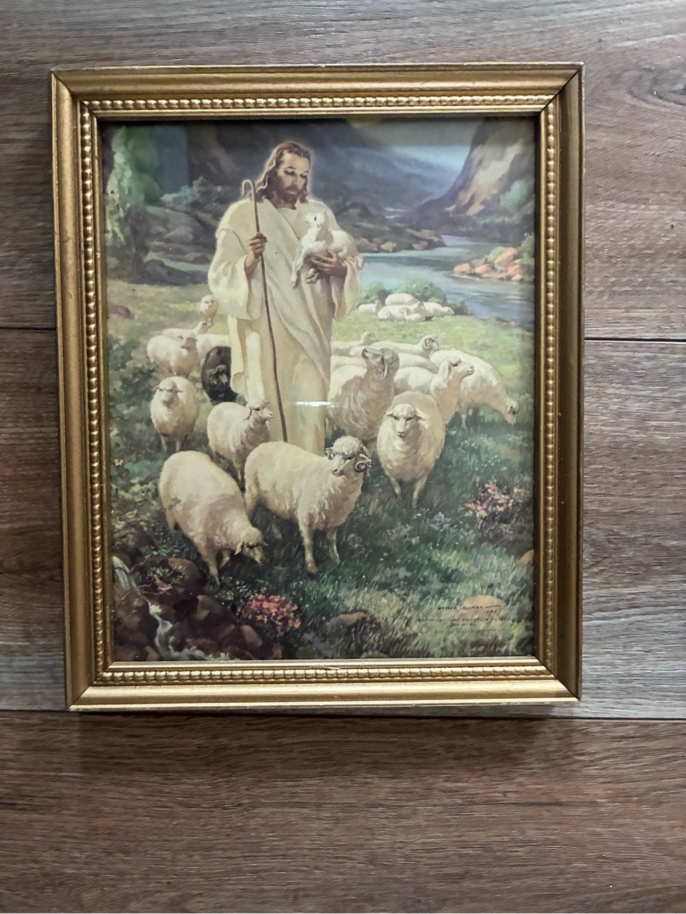 Vintage 1943 Warner Sallman Good Shepherd Lithograph Jesus Lambs Framed Wall Art